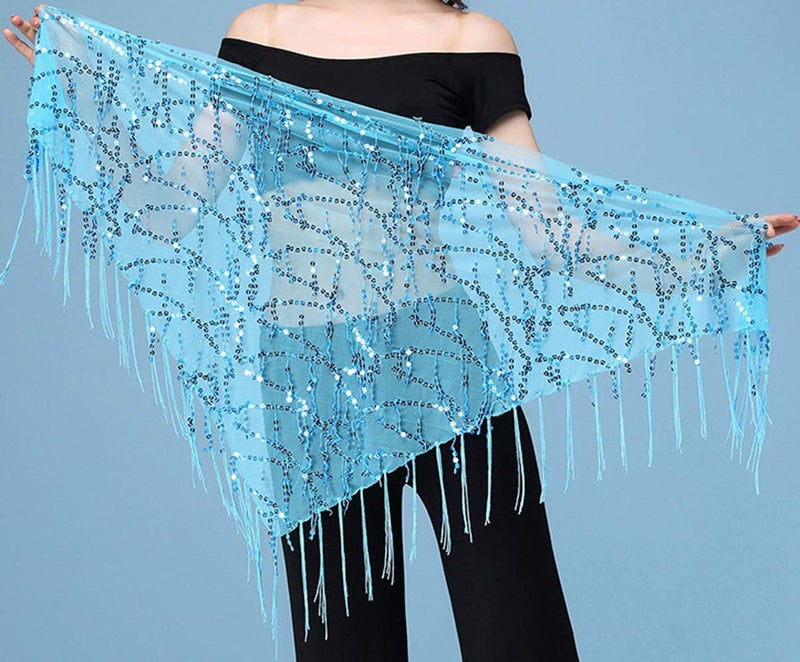 Lauthen.S Women Belly Dance Hip Scarf, Sequin Tassels Triangle Tribal Wrap Skirt Waist Chain Blue - Image 2